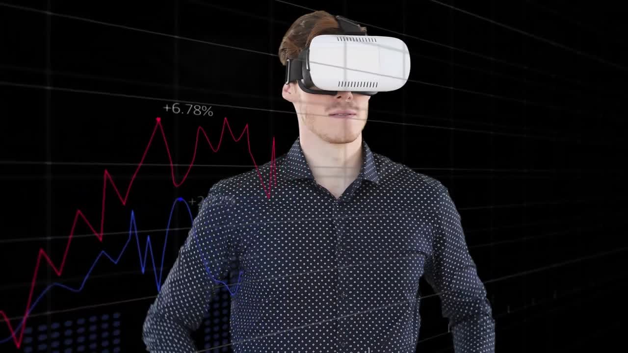 animación del escaneo del alcance y el procesamiento de datos sobre un hombre de negocios que usa auriculares vr