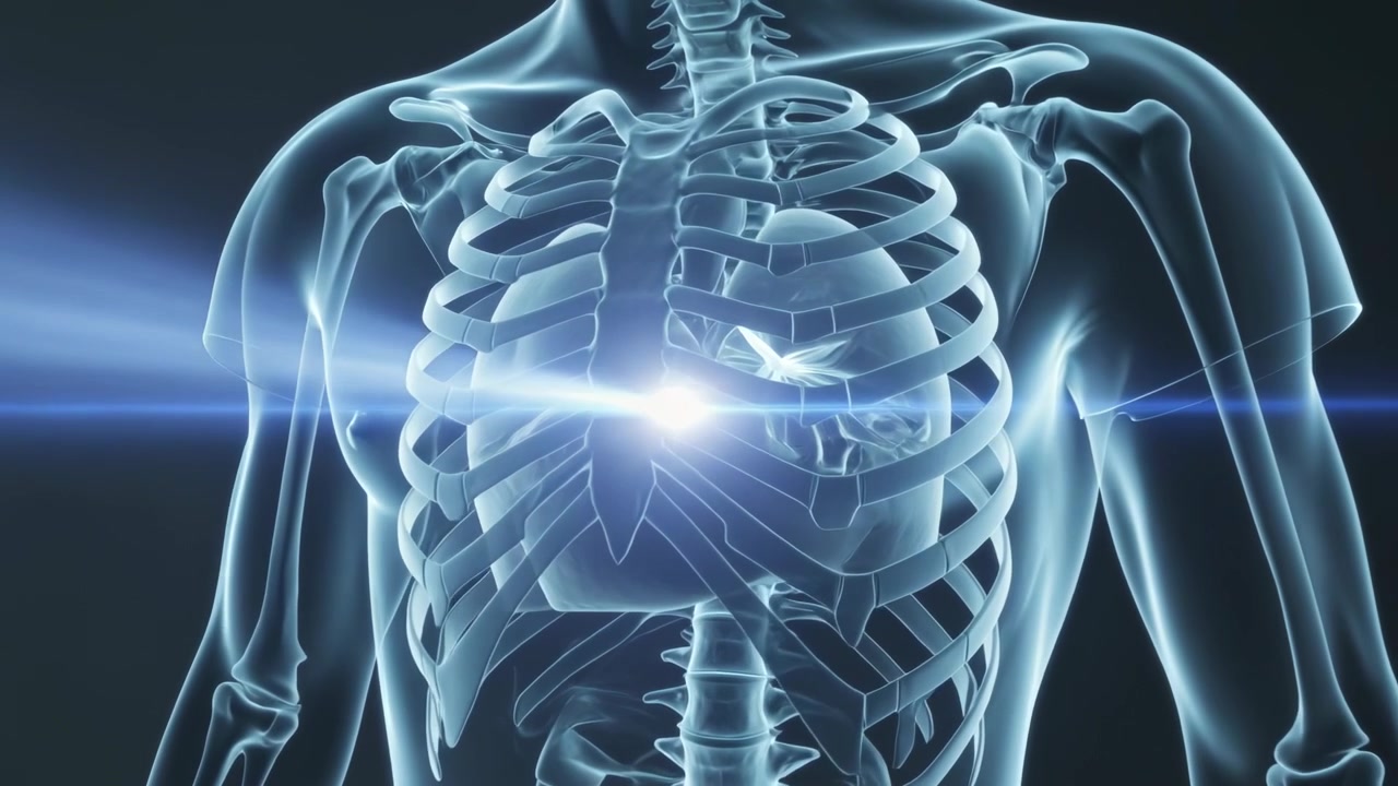Scheletro 3D luminoso che evidenzia la gabbia toracica e lo sterno, mentre un bagliore pulsa e la telecamera si sposta a destra in studio.