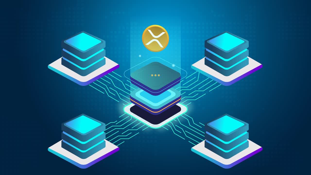 animación de cadena de bloques abstracta del proceso de plataforma de minería de moneda virtual digital xrp en el ciberespacio digital con servidores