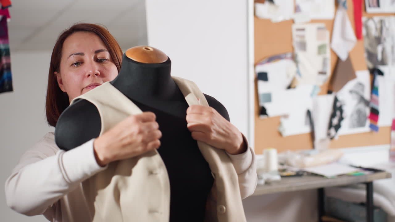 Creative designer slips beige single breasted blazer onto black mannequin torso then steps back smiling with excitement inside bright fashion studio filled with swatches and inspiration sketches