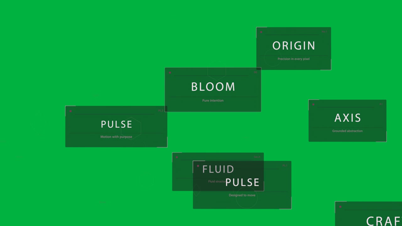Top hex popping starting nodes linking, cards sliding, BLOOM growing, showing UI transparent