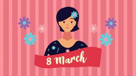 happy womens day lettering animation with girl and flowers