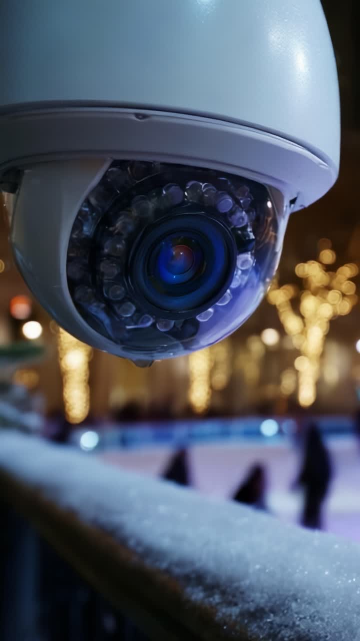 High-Definition Surveillance Camera Capturing Winter Skating Rink Activity Against a Beautifully Decorated Backdrop of Twinkling Holiday Lights
