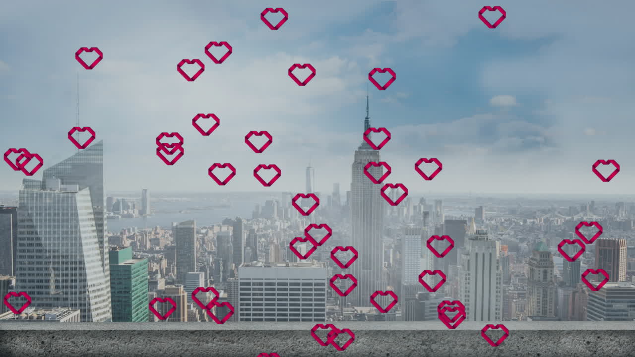 Magenta 3D heart icons floating across urban skyline, rooftop ledge overlooking Art Deco tower