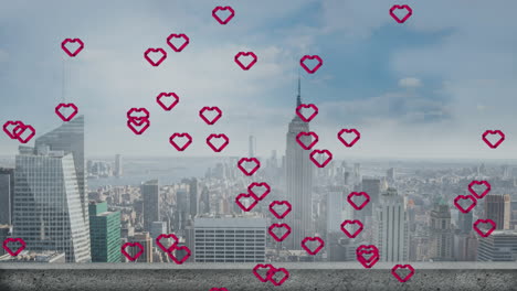 magenta 3d heart icons floating across urban skyline, rooftop ledge overlooking art deco tower
