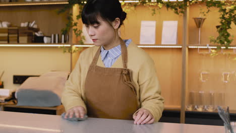 camarera limpiando el mostrador de la barra con un trapo mientras trabaja en la cafetería