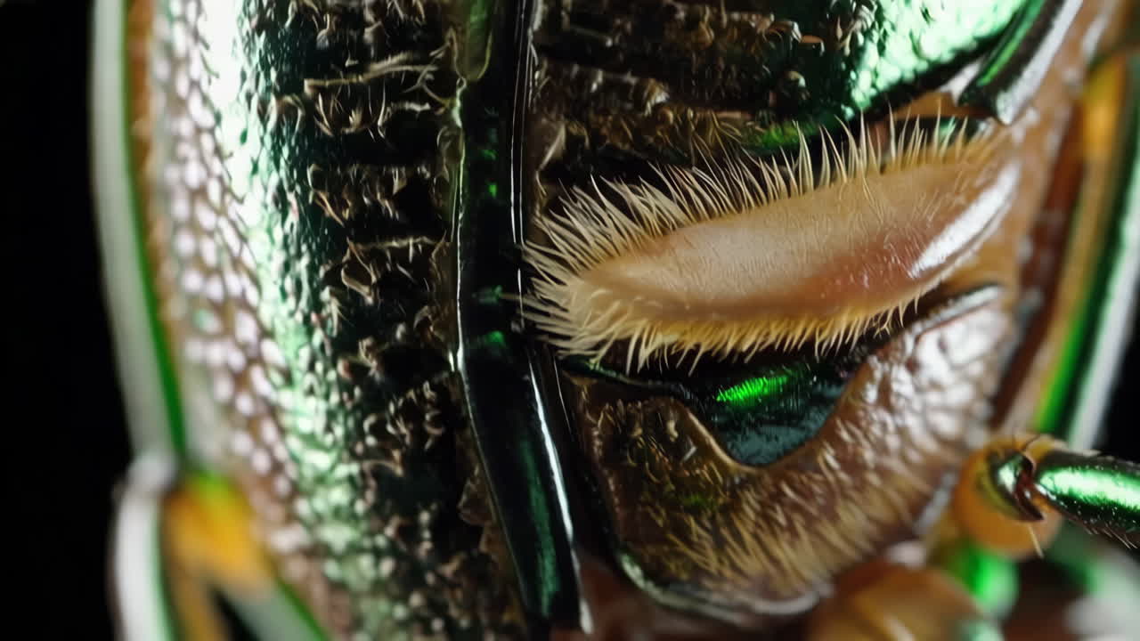 Macro Shots of an Iridescent Green and Brown Beetle