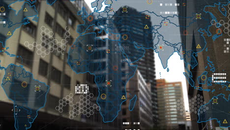 global network connections and data processing animation over urban cityscape