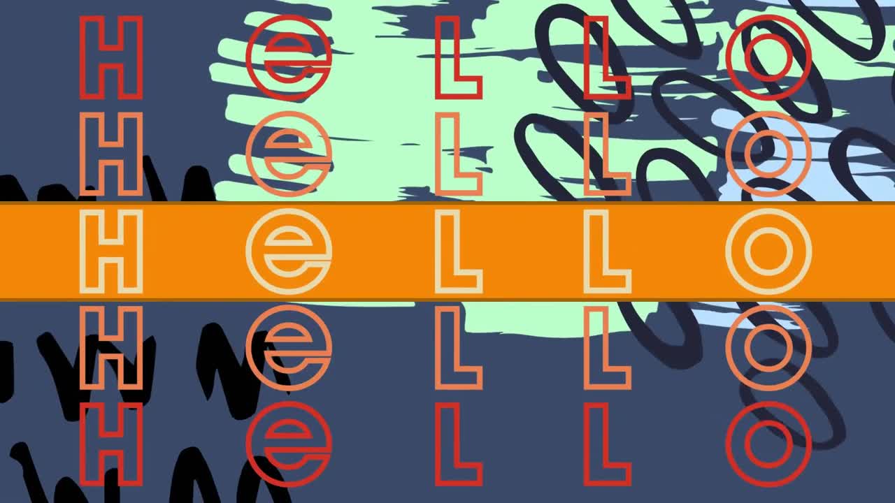 파란색 배경의 모양 위에 반복되는 hellotext의 애니메이션