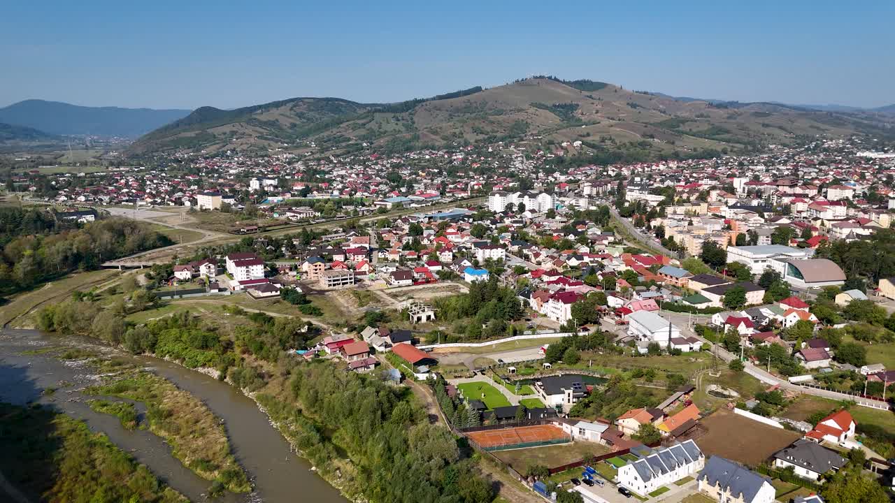 Aerial view of Gura Humorului, Suceava, Romania on a sunny day