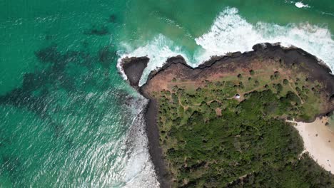 bird's eye view over fingal headland in nsw australia - drone shot