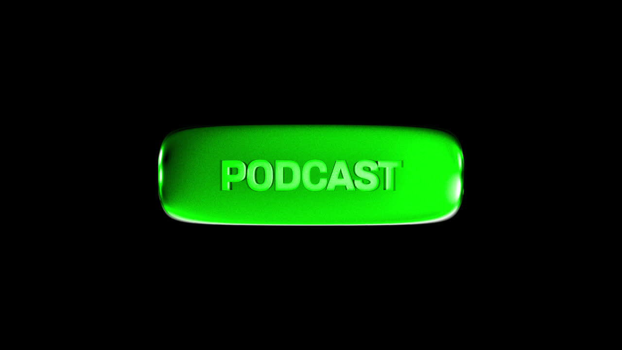 Animacja świecącego zielonego przycisku Podcast na czarnym tle
