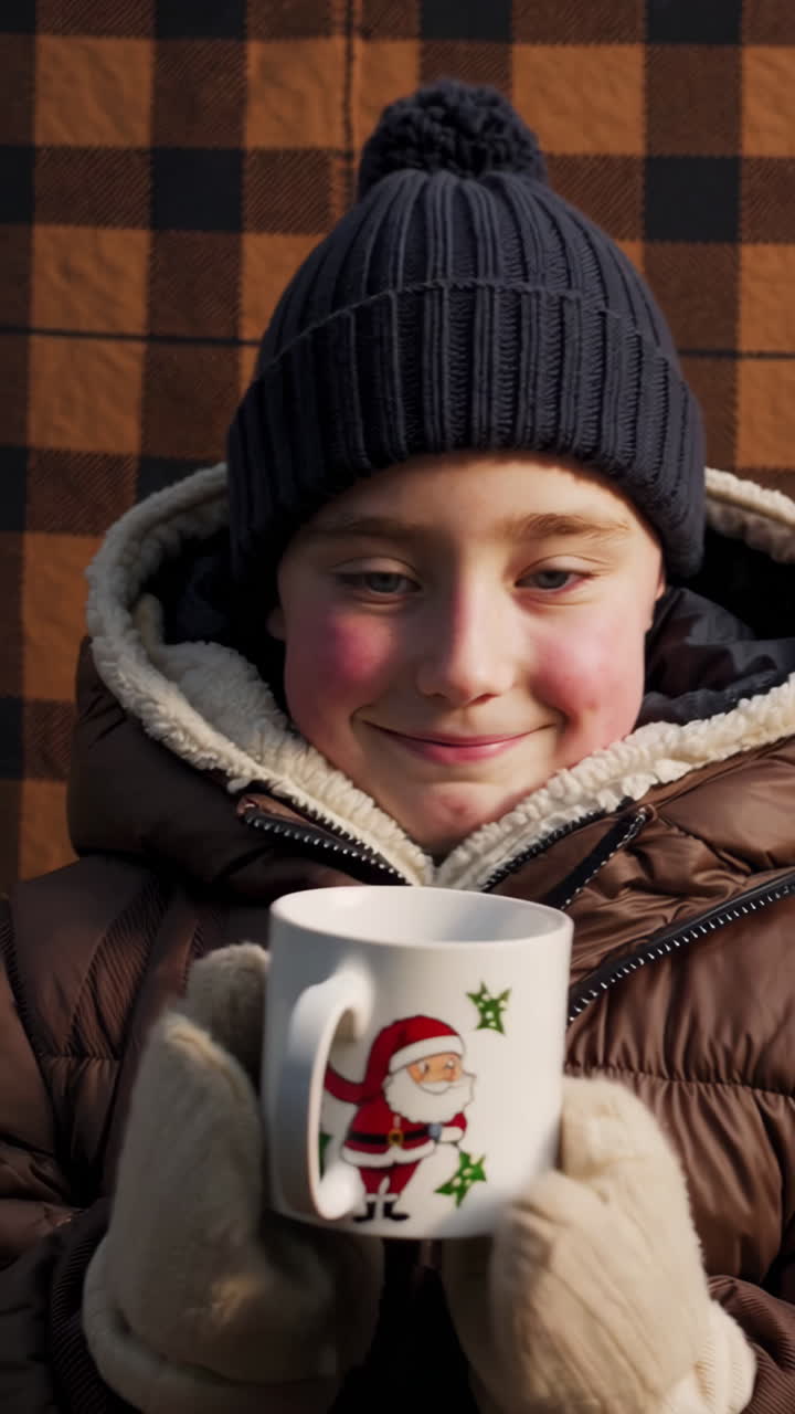 Child enjoying a warm holiday drink in winter