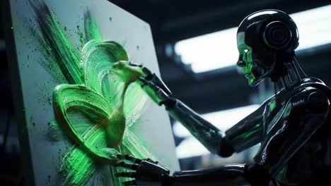 a futuristic robot artist creates a vivid green masterpiece on canvas, blending advanced technology with creative expression in a high-tech studio environment