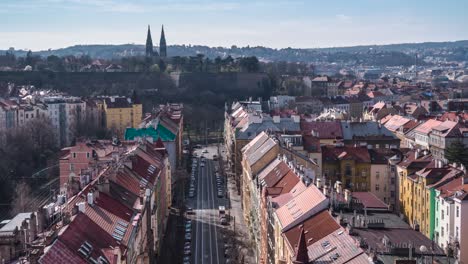 Timelapse-of-Prague-view-from-Nusle-Bridge-with-Vysehrad-Castle-in-the-background,-static
