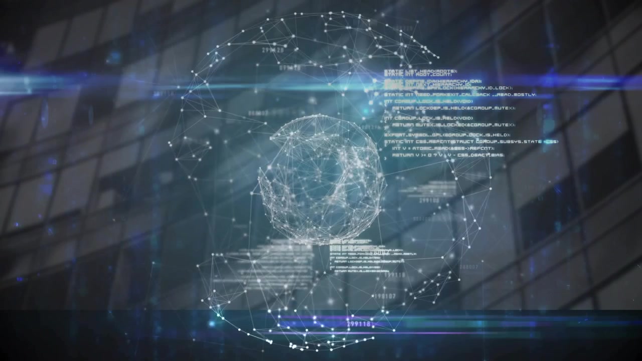 Opening showing points connecting into globe rotating over glass facade for network visualization
