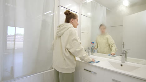 Static shot of woman cleaning bathroom of newly purchased apartment