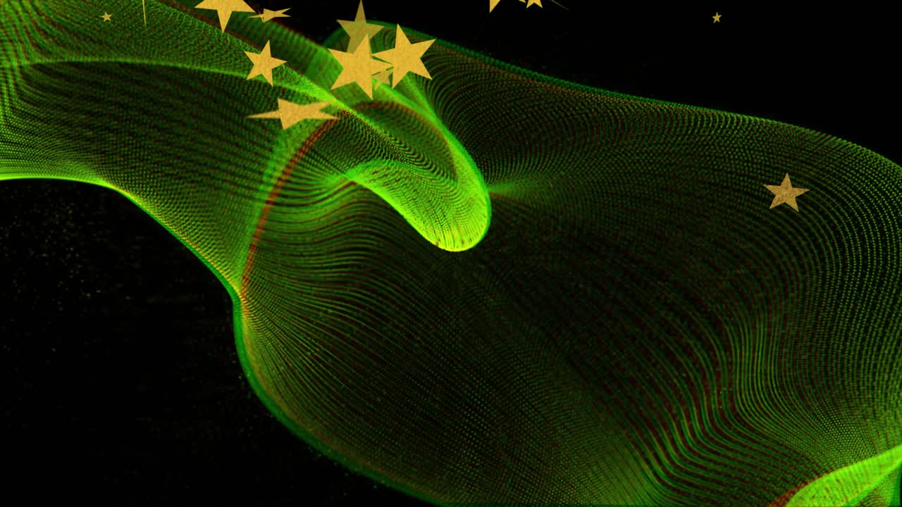 Black void causing neon green mesh rising rippling while gold stars drifting showing wave motion