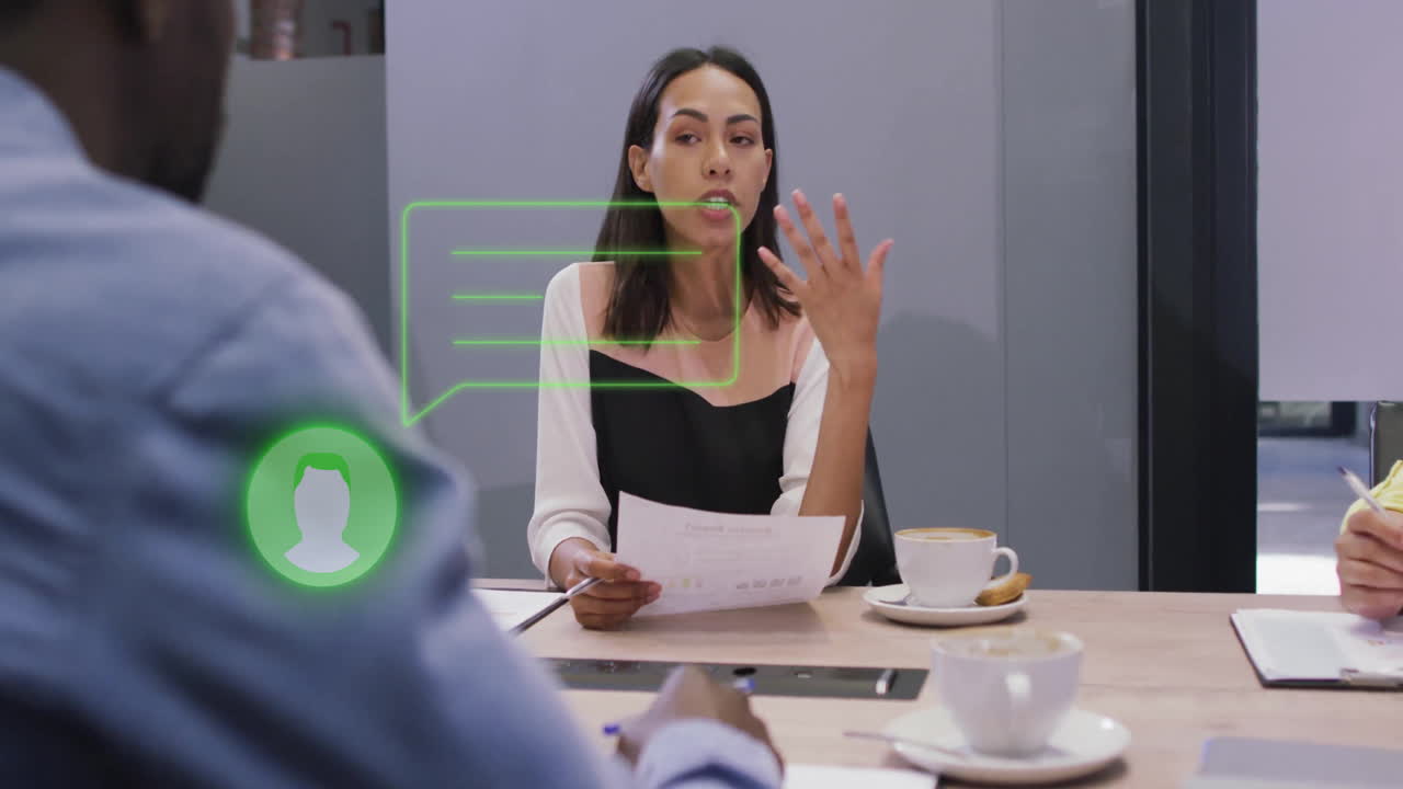 Discussing documents, woman at meeting table with digital communication animation icons