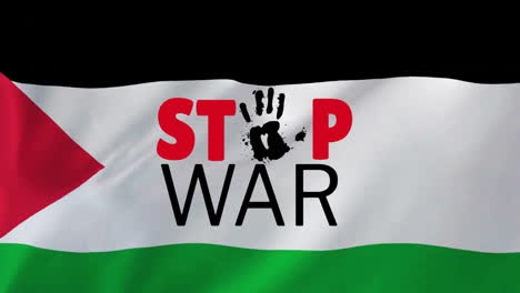 animation of stop war text over flag of palestine