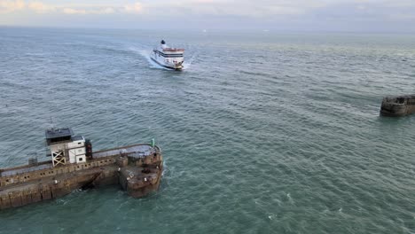 Ferry-approaching-Port-of-Dover-,Ferry-terminal-Kent-England-,aerial-4k-footage