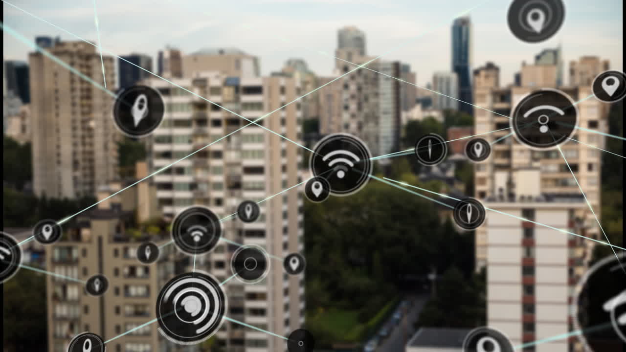 animación de la red de conexiones sobre el paisaje urbano