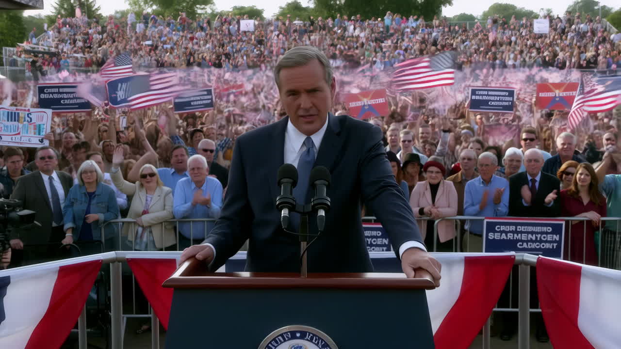 A man giving a speech at a political rally with a crowd and American flags