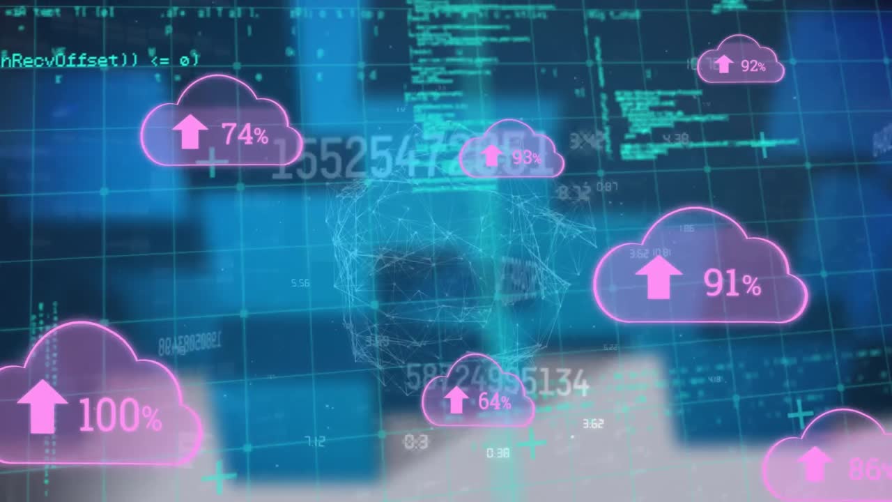 animación de iconos de carga en la nube y procesamiento de datos a través de la red de red contra un fondo azul