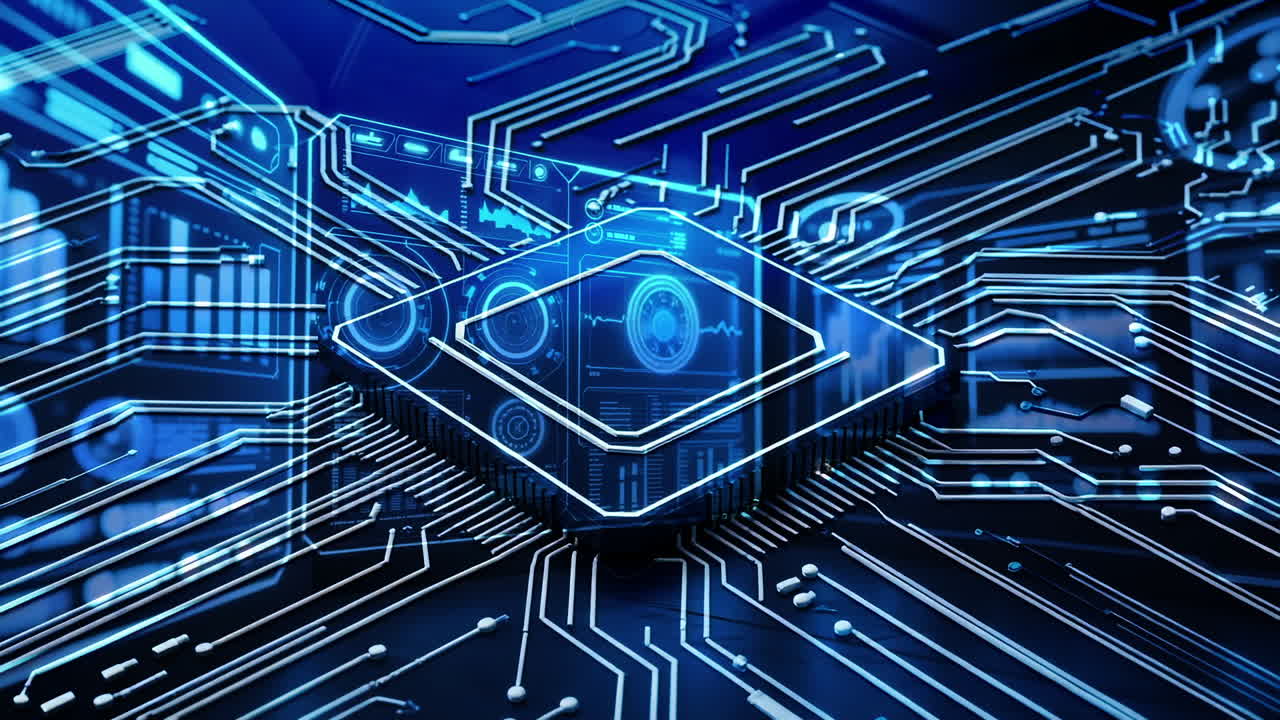 A Futuristic Blue Circuit Board with Glowing CPU