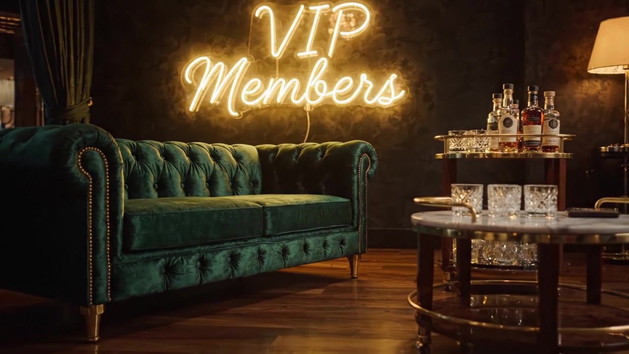 Elegant fløjlssofa i luksuriøse omgivelser med et neon 'VIP Members'-skilt, der oplyser atmosfæren, perfekt til eksklusive sammenkomster og sociale arrangementer.