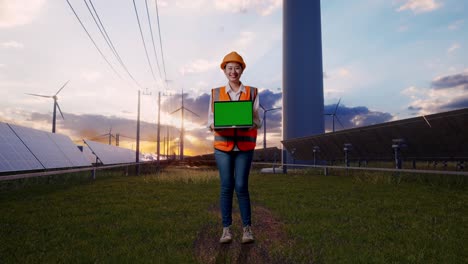 full body of asian female engineer with safety helmet smiling and showing green screen laptop to the camera with solar panel and wind turbines