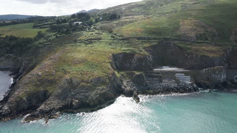 Beautiful-Irish-Rocky-Coast-Near-Dublin-And-Bray-Town---Drone-Shot