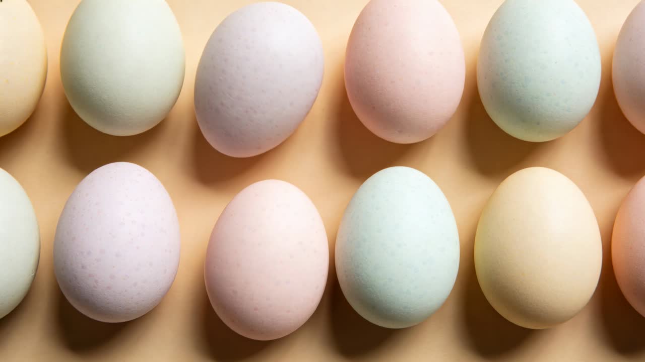 Panning camera revealing pastel egg grid shifting right on peach surface, centering composition