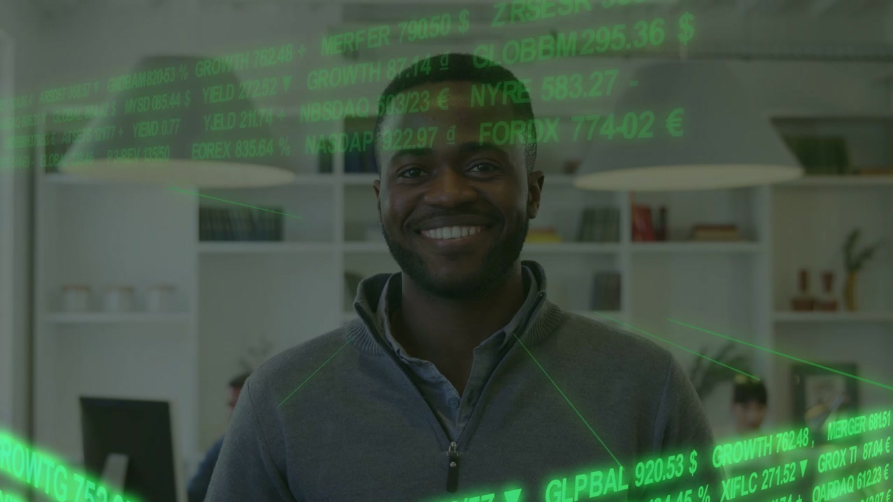 Standing man shifting to smile while green finance ticker moving, revealing face and showing trust