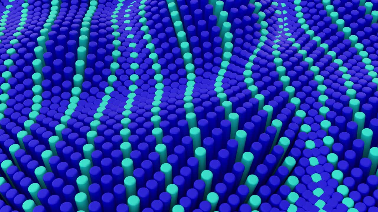 Abstract blue green lines background with cylinders. Ceramic round tiles. Geometry pattern. Random cells. Polygonal glossy surface. Futuristic abstraction. Seamless loop 3d animation of 4K
