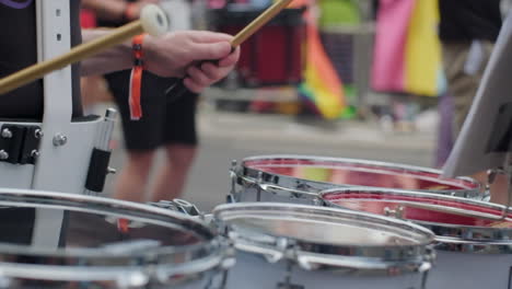 slow motion marching band drums close up