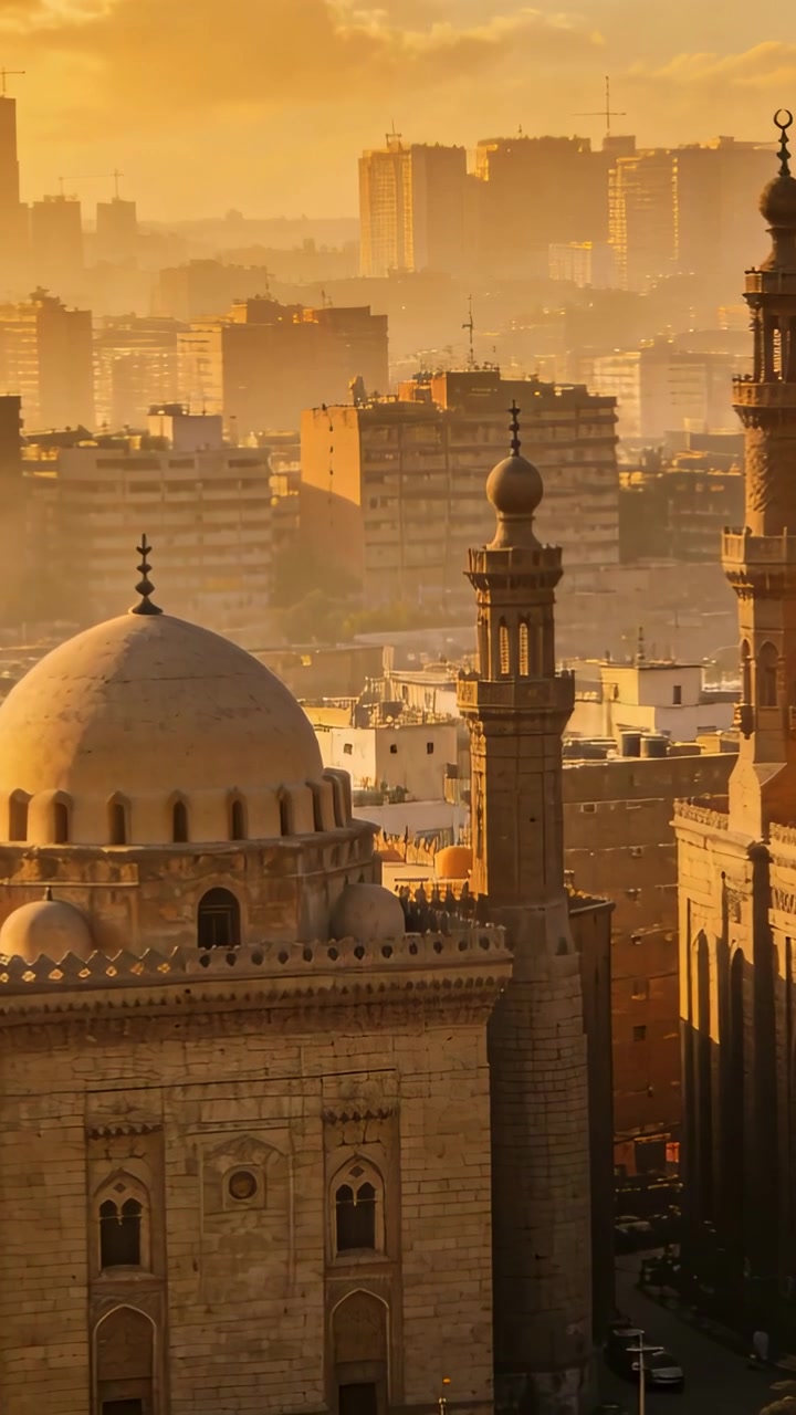 Video verticale: Telecamera che si muove con luce calda, panoramica su cupola di moschea e minareti nello skyline urbano.