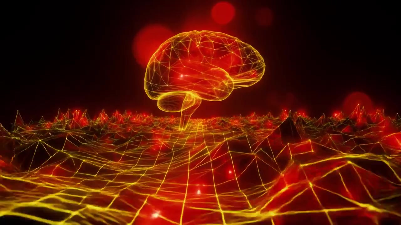 Cerebro de malla resplandeciente girando en un entorno de red digital abstracto