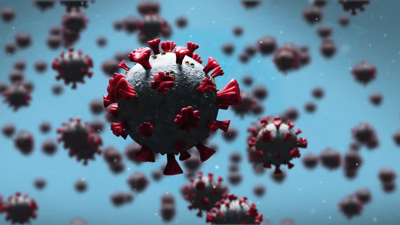Animation of covid 19 cells flying over blue background