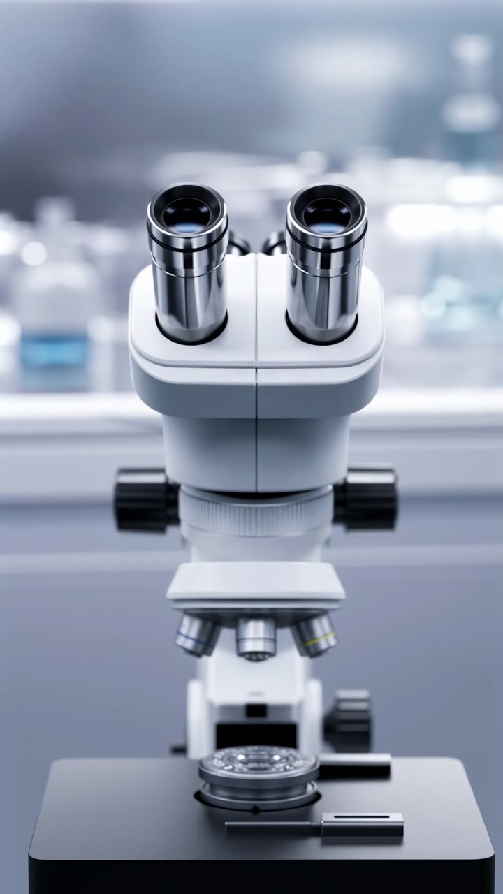 Frontal view showing binocular microscope in sterile clinical laboratory as chrome eyepieces subtly rotate while objective turret remains visible, highlighting clean white housing and precise