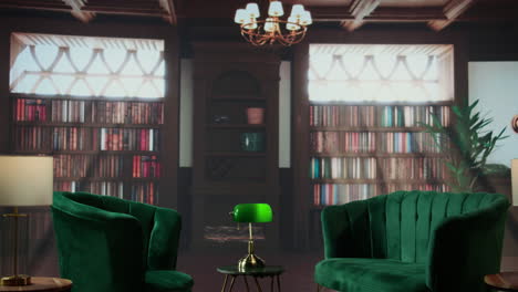 elegant library study room with green velvet chairs