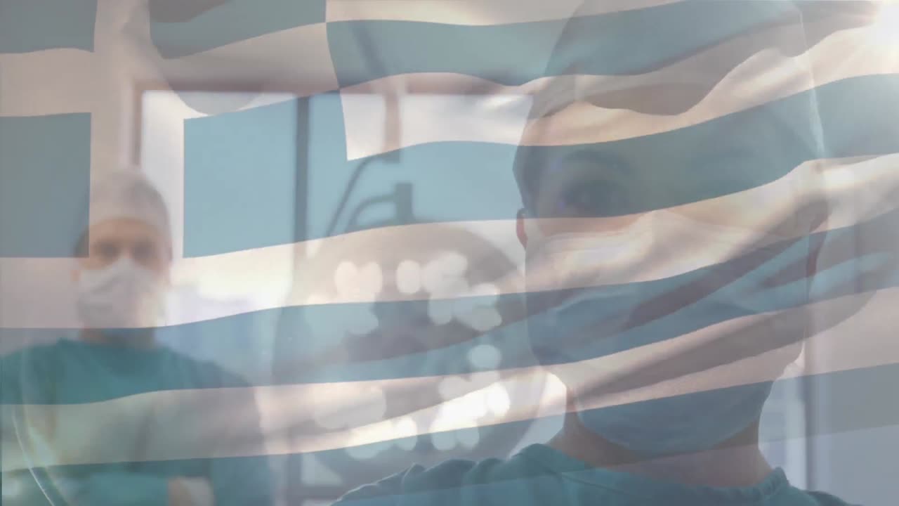 수술실 에 있는 외과 의사 들 위 에 그리스 국기 가 흔들리는 애니메이션