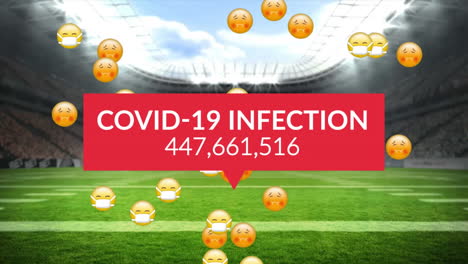 animación de datos de covid y emojis con máscaras que caen en un estadio deportivo