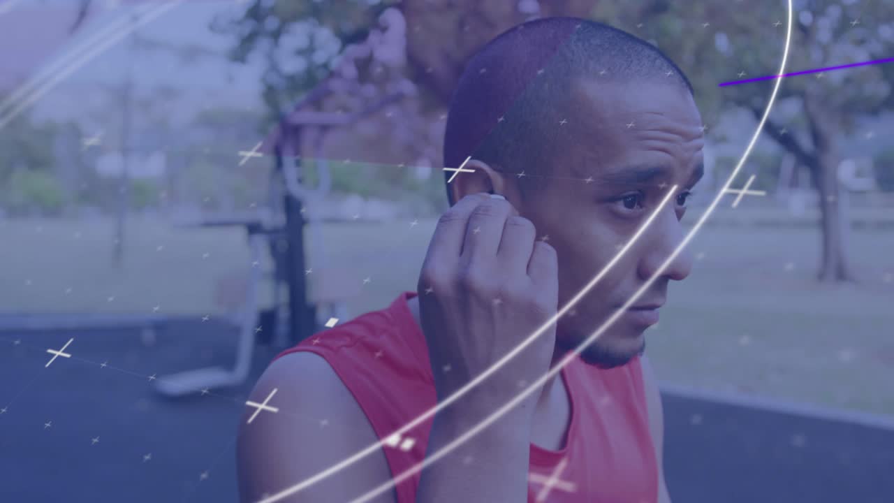 Animation of circular scope processing data over male athlete wearing wireless earphones outdoors