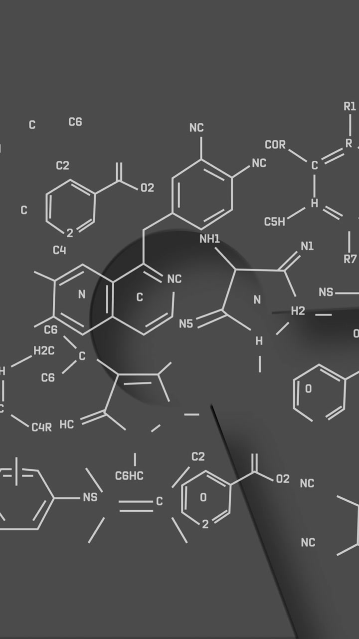 Animación de estructuras químicas sobre formas abstractas que se forman con fondo gris