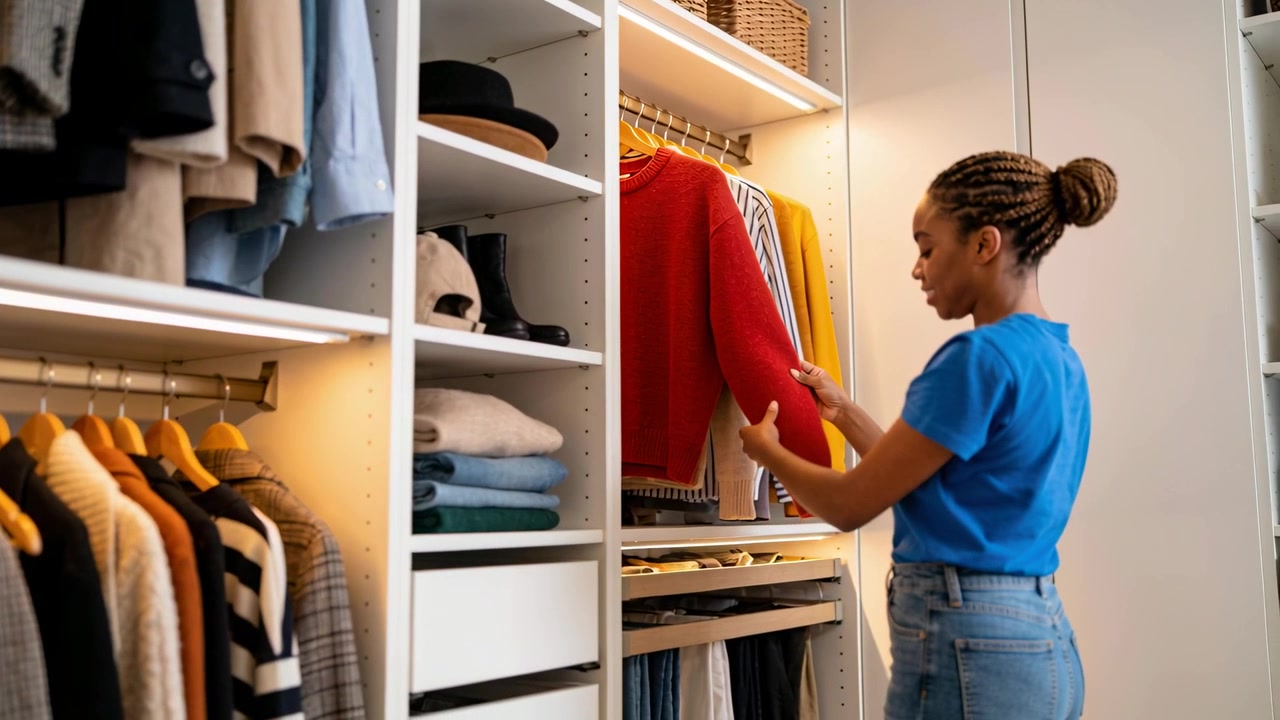 Donna in maglietta blu e jeans che si prepara, tirando fuori e ispezionando un maglione rosso dall'asta dell'armadio, con spazio per il testo.
