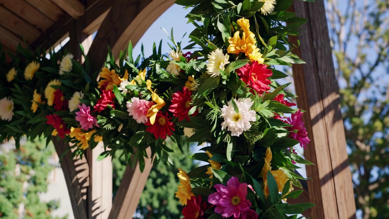 Ghirlanda floreale vivace che decora un arco in legno all'aperto
