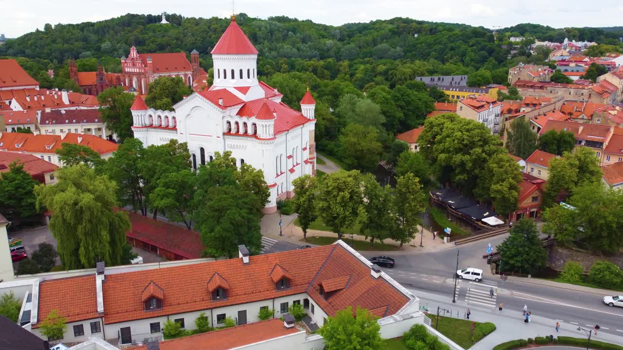 Beautiful churches and old town of Vilnius, aerial drone view