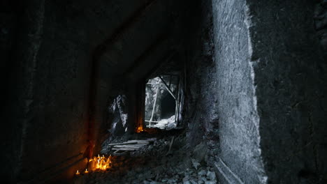 mysterious cave interior with flickering flames illuminating stone walls