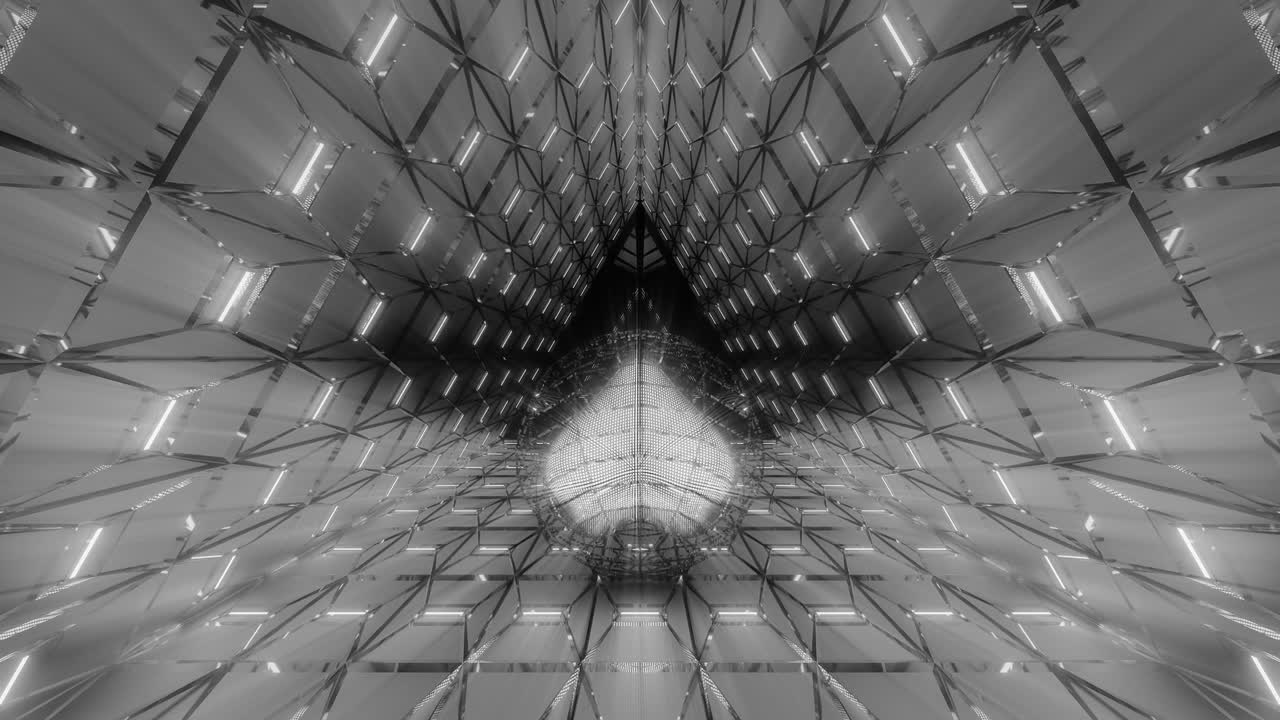 forma en forma de corazón negro y blanco que brilla el camino hacia adelante en vidrio roto que refleja la arquitectura de la superficie, animada gráfica 3d renderizada